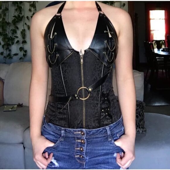 STEAMPUNK Corset Top Steel Boned Underbust Renaissance Black Leather Cosplay NWT - Picture 1 of 12